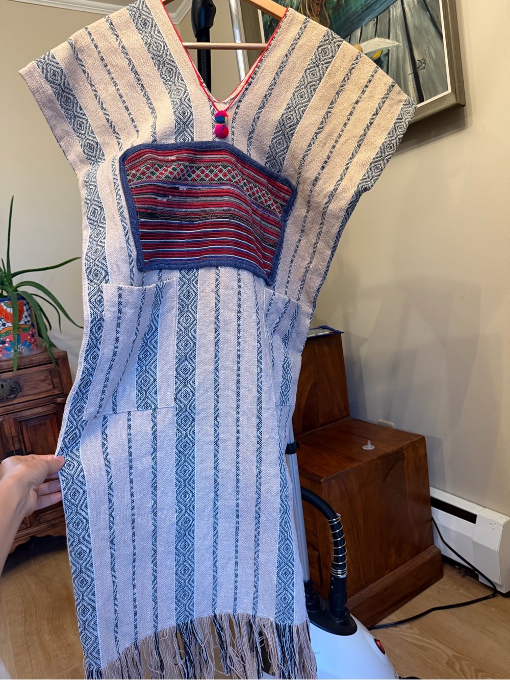 NEW Handwoven Striped V-Neck Poncho with Colorful Front Pocket